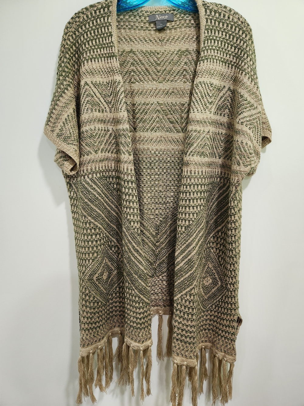 Natural Reflections Olive & Cream Geometric Knit Fringe Cardigan